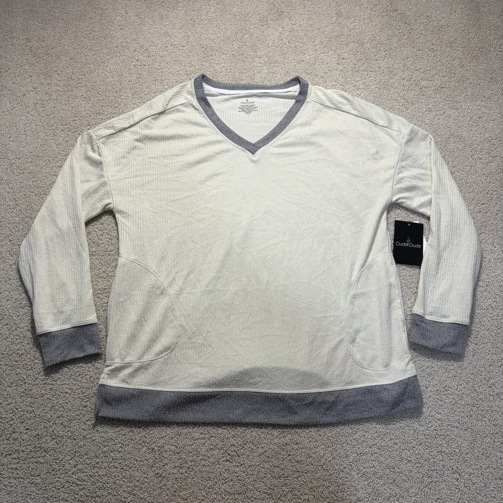 Cuddl Duds V-Neck Long Sleeve Shirt Cream Women's Large NWT